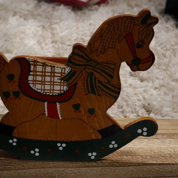Vintage Rocking Horse Holiday Decor Square Box Christmas Planter Pens Utensils - Picture 12 of 12